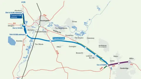 Highways England Map of new Cambs section of A14