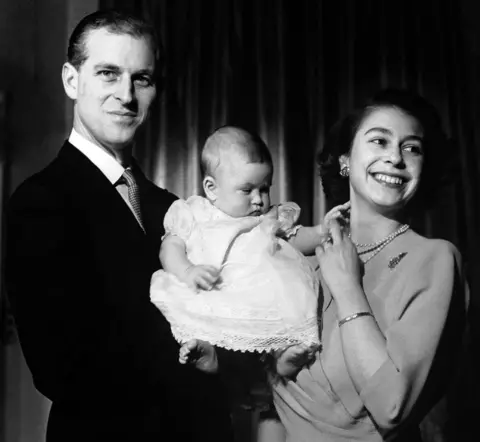 PA Princess Elizabeth and the Duke of Edinburgh holding Prince Charles