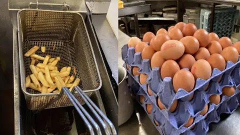 Chips in a deep fat fryer and a tray of eggs