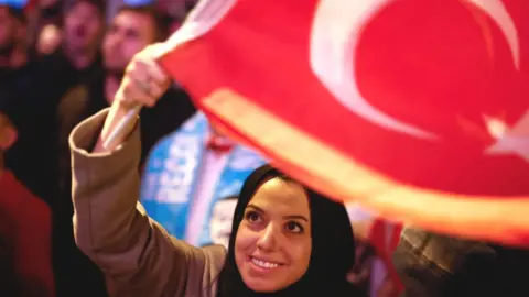 Getty Images Supporters of Turkish President Recep Tayyip Erdogan celebrate at the AK Party headquarters on 15 May 15 in Istanbul