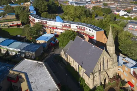 Historic England Aerial view of a church surrounded by flats