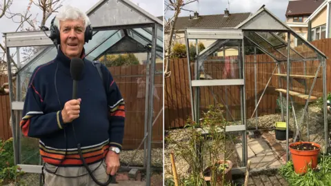 Terry Walton Terry with headphones and radio mic looking around his restored greenhouse