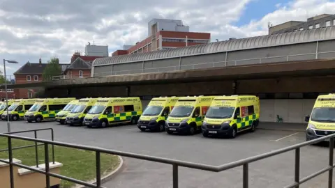 BBC Ambulances parked outside Leicester Royal Infirmary