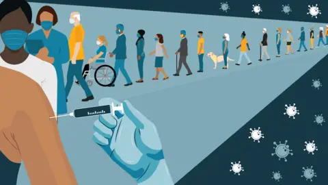 BBC Illustration of people queuing for vaccine