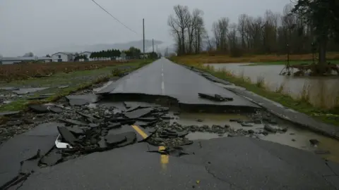 Getty Images Damage from severe flooding is seen in the Sumas Prairie area of Abbotsford, British Columbia south of a closed Hwy 1, on November 18, 2021.