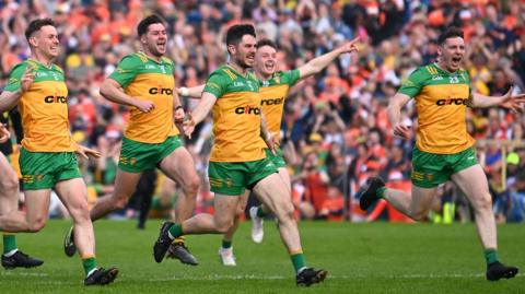 Donegal players celebrate after their dramatic penalty shootout win over Armagh in the Ulster Final at Clones