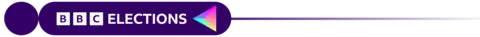 A purple circle with white quote marks inside. To right is a rounded purple rectangle, featuring white text saying "BBC ELECTIONS" and the BBC election logo. A thin line then fades from purple to white across to the right.