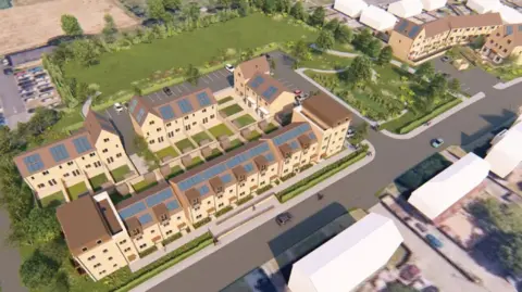 A digital image of the proposed housing development, which shows two areas with homes connected by a green space with trees, bushes and a windy path.