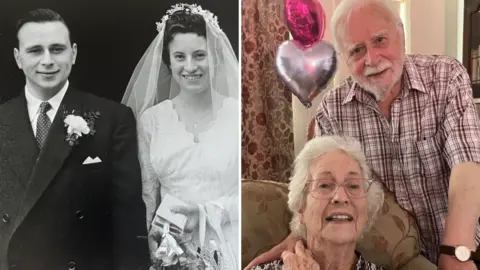 A composite image of Victor and Denise Braybrook in 1956 and now. The one on the left is a black and white image of them holding hands at their wedding. They are wearing a suit and a wedding dress. 