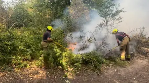 Fire crews using beaters to tackle a fire in undergrowth