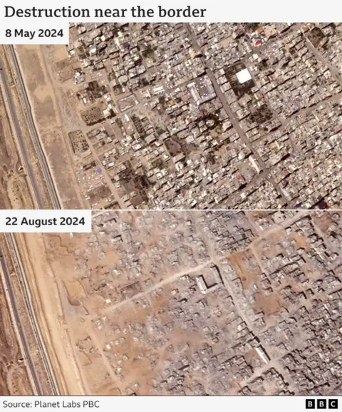 images showing satellite images of destruction near border on 8 may and 22 aug 2024