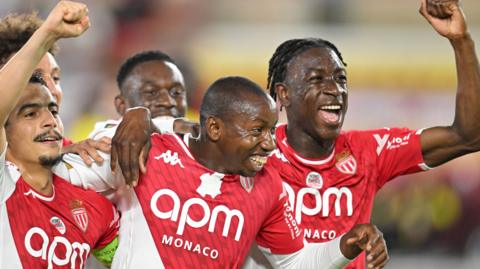 Monaco players celebrates a goal during a game against Nantes