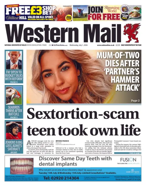 Western Mail Western Mail front page. The main headline reads: Sextortion-scam tee took his own life 