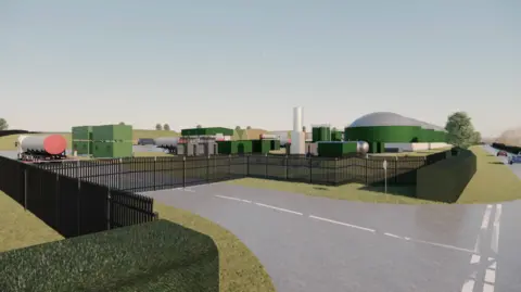 A digital visualisation of the power plant site showing fencing, buildings and tankers.