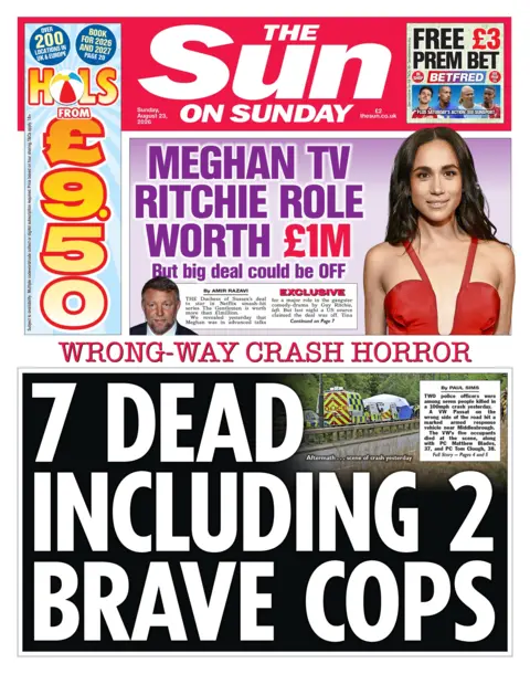 "7 dead including 2 brave cops" reads the headline on the front page of the Sun on Sunday.