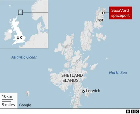 A map shows where the SaxaVord spaceport will be on Unst in the Shetland Islands, the northernmost point of the UK.