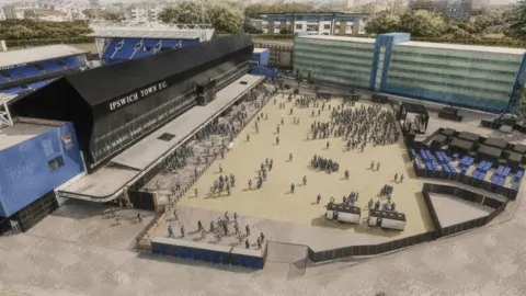 An artist's "aerial view" impression of Ipswich Town's West Stand and practice pitch. It shows the existing stand, with a new concourse area extending out behind the stand, with a roof on it. People are milling around on the practice pitch. The large, glass county council office building is behind the practice pitch. The other existing stands are behind the West Stand.