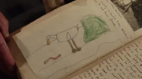 Anthony Eyton, Duck and Worm Sketch, 1929 A sketch of a duck and a worm from Eyton's school book in 1929