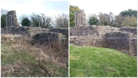 Dream Heritage A side-by-side photograph shows the manor house before and after the restoration. The walls are covered by shrubs in the before photo.