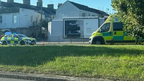 A picture of the scene of the collision on Exeter Street. A police vehicle and ambulance can be seen.