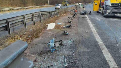 Damage to a crash barrier on the A12 in Essex