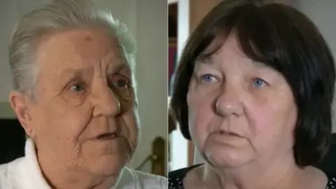 A composite image of two older women, one with white hair and one with back hair, speaking into a camera.