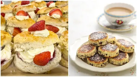 On one side is a plate of scones filled with jam and cream, on the other a plate of traditional Welsh cakes.