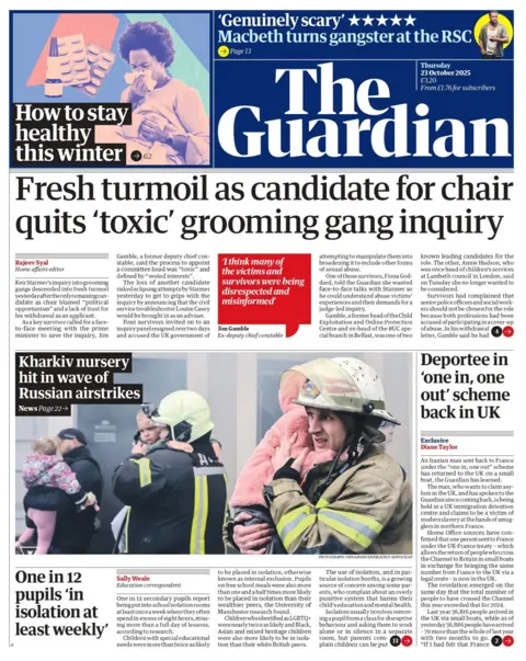 "Fresh turmoil as candidate for chair quits 'toxic' grooming gang inquiry" reads the headline on the front page of The Guardian.