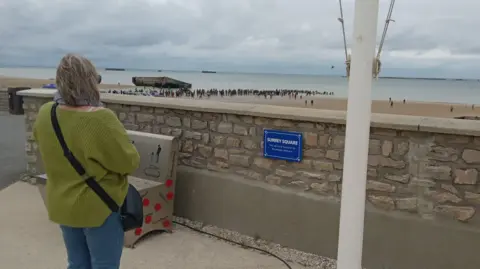 A woman looking out onto a beach with lots of people on it.  A wall separates the woman from the beach.  A blue plaque has been installed on the wall.
