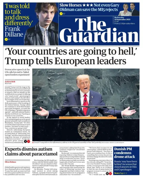 "'Your countries are going to hell,' Trump tells European leaders" reads the headline on the front page of The Guardian.