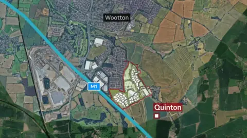 DJ McLaren/BBC Map of proposed site highlighted in red. The areas of Quinton and Wootton are named. The M1 motorway can be seen to run along the bottom corner of the development 