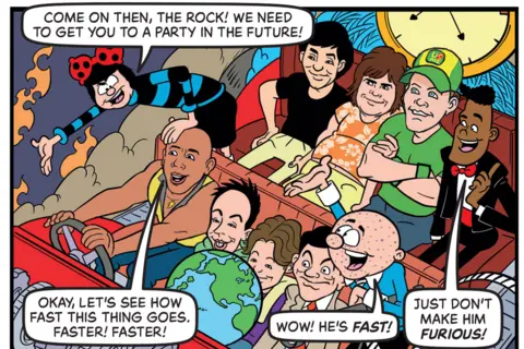 PA Media A lively comic scene shows a group of illustrated characters riding in a colourful, futuristic vehicle with large controls and glowing elements.
The Rock and various others speak in speech bubbles as the vehicle speeds forward, creating a sense of motion and excitement.