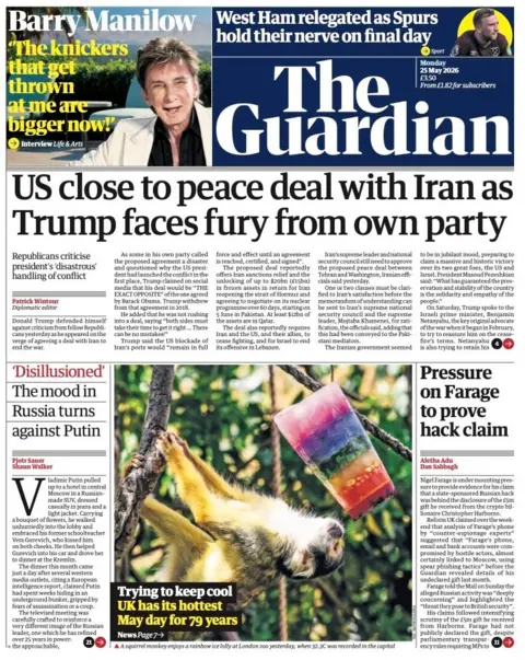 "US close to peace deal with Iran as Trump faces fury from own party" reads the headline on the front page of the Guardian.