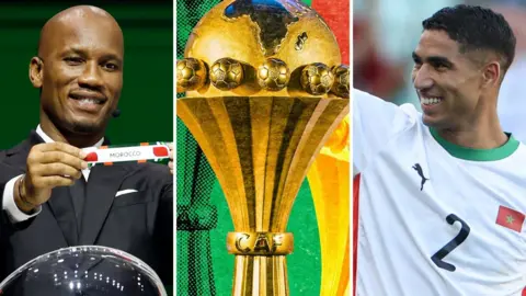 A triptych showing Didier Drogba holding a piece of paper saying Morocco, a colourful image of the Africa Cup of Nations trophy and a picture of Achraf Hakimi smiling while wearing a white Morocco shirt