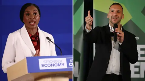 Getty Images Composite of photos of Kemi Badenoch and Zack Polanski, both speaking at press conferences. 
