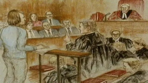 Julia Quenzler An illustrated courtroom scene showing a witness standing beside a lectern facing a judge and barristers in robes. Several people are seated in the public gallery behind. The sketch is rendered in muted brown and beige tones with wooden courtroom furniture visible throughout.
