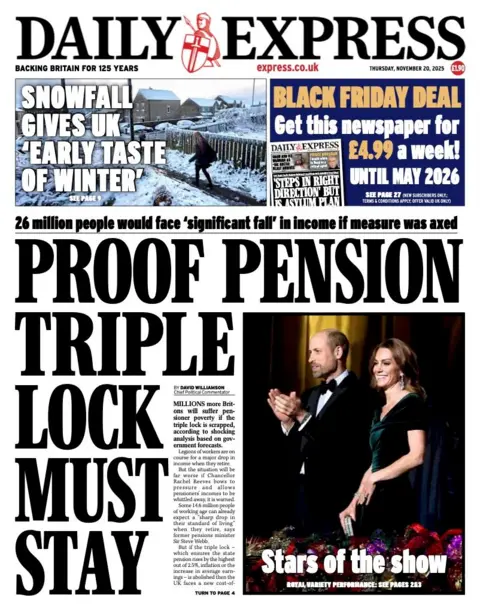 The headline on the front page of the Express reads: “Proof pension triple lock must stay”.