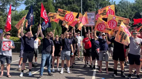 A crowd of people wave flags and hold placards in protest of planned cuts to the fire service