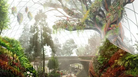 Concept art of what the immersive Elder Tree experience might look like, it shows a colourful, huge tree sitting with a dome-like structure. Its roots form bridges and tunnels that people are walking over and below
