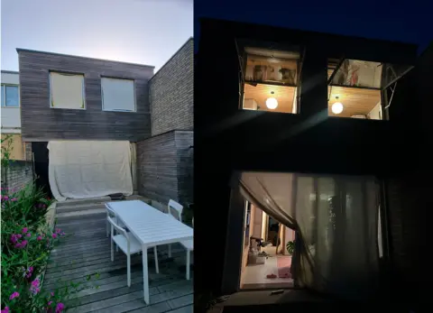 Marion Baeli/BBC A composite image showing two pictures of the back of a house during the night (right) and during the day (left). The house has wooden panels across the top and two windows, on the ground floor of the house is a large glass patio door. In the day picture it is covered by a sheet, in the night picture this is pulled back and the door and windows are open. In the day picture part of the garden with a white table and chairs, and pink flowered foliage can be seen
