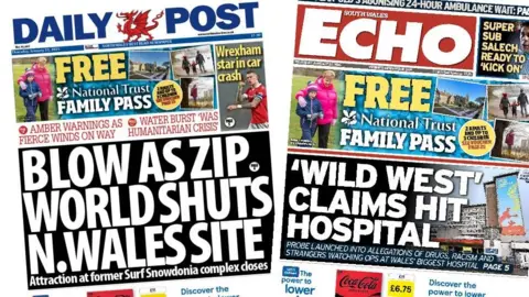 Front page of the Daily Post and front page of the South Wales Echo