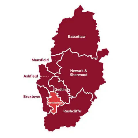 A map of Nottinghamshire councils