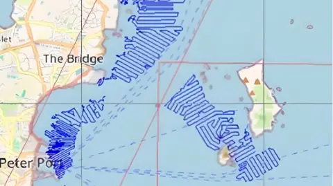 Guernsey Ports A map of guernsey and herm, showing in blue lines, where the boat will survey the seabed.