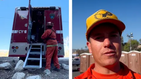 Split screen of fire truck and firefighter