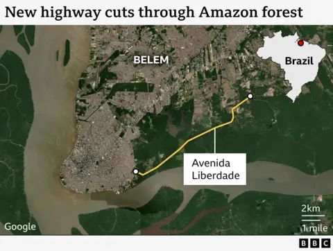 Image showing location of new highway, with inset showing where Belém is in Brazil.