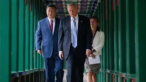 US President Donald Trump (C) walks with China's President Xi Jinping (L) at Zhongnanhai Garden in Beijing on 15 May, 2026.