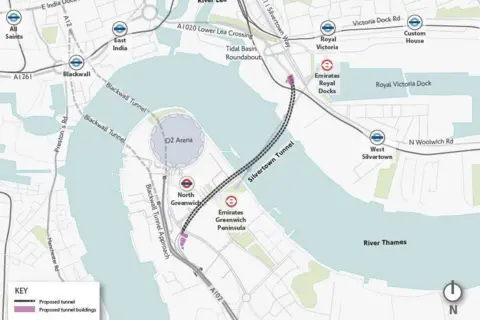 TfL Map showing routes of Blackwall and Silvertown tunnels