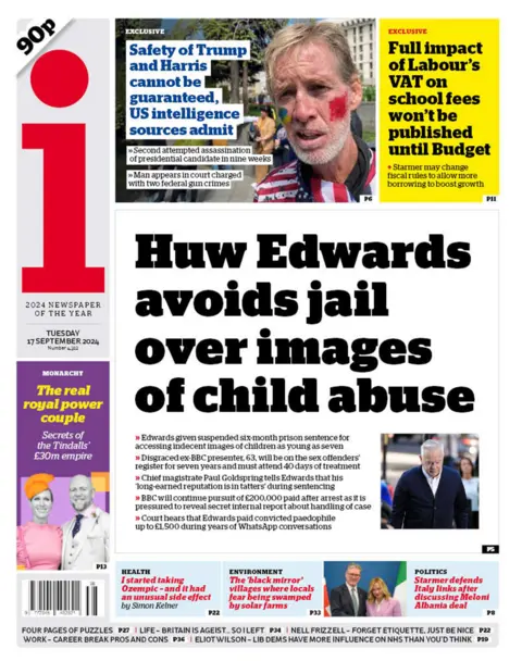 "Huw Edwards avoids jail over images of child abuse" reads the i headline