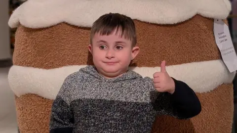 Supplied A young boy wearing a grey and black hooded jumper standing in front of what appears to be a large soft, cuddly toy which is double the size of him. He is looking to the right of the camera and has his thumb up.