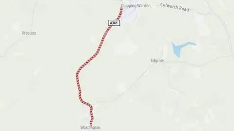 TomTom A map showing the road closure between Wardington and Chipping Warden on the A361.